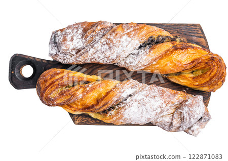 Homemade pastry with Pistachios and chocolate, Puff pastry isolated on white background. top view 122871083