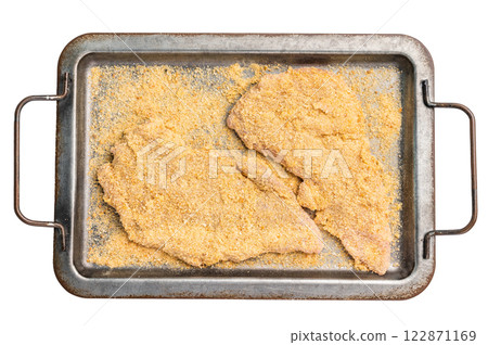 Fresh breaded Raw Wiener Schnitzel steak prepared for frying isolated on white background Fresh breaded Raw Wiener Schnitzel steak prepared for frying isolated on white background 122871169