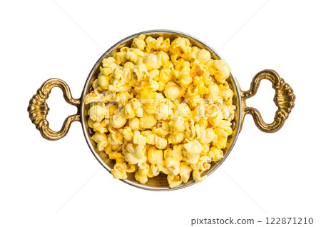 Delicious cheese and salted popcorn in a skillet isolated on white background 122871210