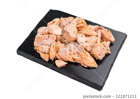 Pulled salmon roast fillets isolated on white background. Top view 122871211