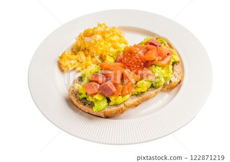 Toast with salmon, avocado and red caviar isolated on white background Toast with salmon, avocado and red caviar isolated on white background 122871219