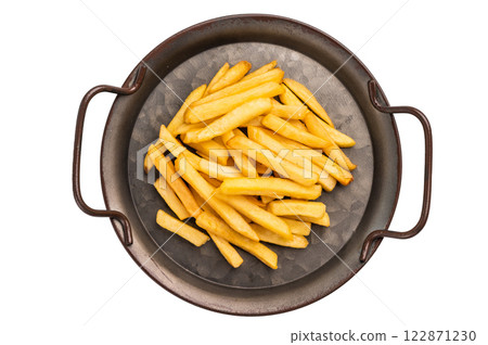 Homemade golden french fries in a tray isolated on white background Homemade golden french fries in a tray isolated on white background 122871230