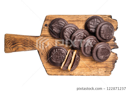 Jaffa Cookies covered with chocolate and filled with jam isolated on white background 122871237