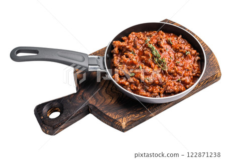 Italian bolognese sauce with minced beef in a pan isolated on white background 122871238
