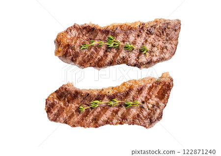 BBQ Grilled Tri tip steaks, marbled beef meat isolated on white background BBQ Grilled Tri tip steaks, marbled beef meat isolated on white background 122871240