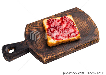 Toast from white bread with butter and Strawberry Jelly jam isolated on white background 122871241