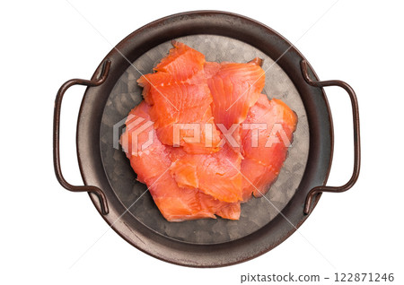 Slices of salted salmon, trout isolated on white background. top view Slices of salted salmon, trout isolated on white background. top view 122871246