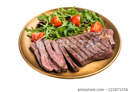 Roast dry aged Top Sirloin beef steak on plate with salad isolated on white background Roast dry aged Top Sirloin beef steak on plate with salad isolated on white background 122871256
