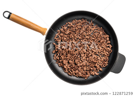 Frying Pan with fried mince beef meat, fresh cooked forcemeat isolated on white background Frying Pan with fried mince beef meat, fresh cooked forcemeat isolated on white background 122871259