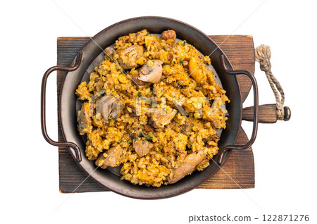 Arabic national rice food pilaf cooked with roast meat isolated on white background Arabic national rice food pilaf cooked with roast meat isolated on white background 122871276