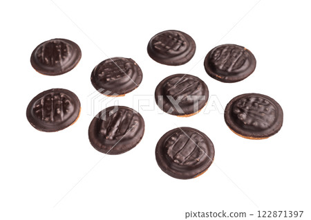 Jaffa cakes, Cookies covered with chocolate and filled with jam isolated on white background Jaffa cakes, Cookies covered with chocolate and filled with jam isolated on white background 122871397