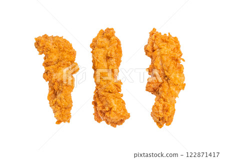Crispy fried chicken strips from breast fillet isolated on white background 122871417
