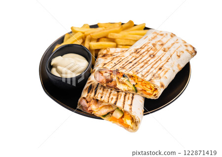 Turkish Shawarma, doner wrap sandwich with meat and salad isolated on white background 122871419