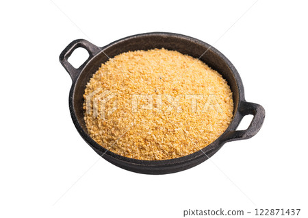 Fresh baked breadcrumbs in a skillet isolated on white background. top view 122871437