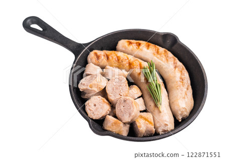 Fried BBQ Sausages with pork and beef meat in pan isolated on white background. top view Fried BBQ Sausages with pork and beef meat in pan isolated on white background. top view 122871551
