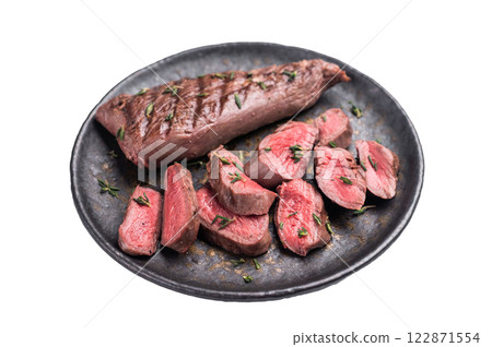 Grilled lamb mutoon sliced steak, tenderloin fillet meat isolated on white background. top view 122871554