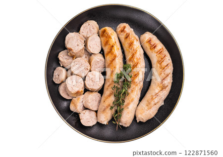 Grilled Sausages with forcemeat mincemeat and herbs in plate isolated on white background. top view 122871560