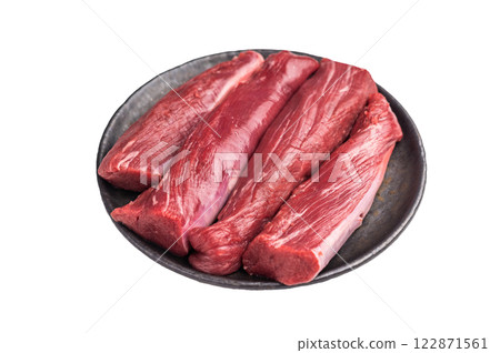Fresh lamb tenderloin fillet meat, raw loin mutton isolated on white background. top view Fresh lamb tenderloin fillet meat, raw loin mutton isolated on white background. top view 122871561