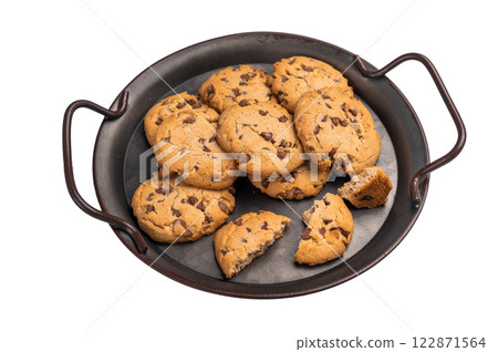 Freshly baked Chocolate chip cookies in steel tray isolated on white background. top view 122871564