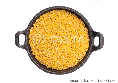 raw Dry Ptitim pasta, Israeli couscous isolated on white background. top view raw Dry Ptitim pasta, Israeli couscous isolated on white background. top view 122871572