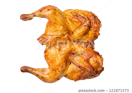 Spatchcock chicken with spices, baked poultry meat isolated on white background. top view Spatchcock chicken with spices, baked poultry meat isolated on white background. top view 122871573