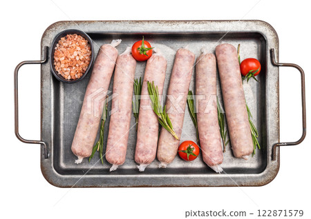 Fresh Sausages with minced pork and veal meat, wurst with herbs isolated on white background. top view Fresh Sausages with minced pork and veal meat, wurst with herbs isolated on white background. top view 122871579