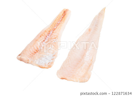 Raw Haddock white fish fillet isolated on white background. top view. 122871634