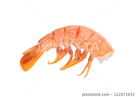 Raw Headless Red Argentine shrimps, Prawns isolated on white background. top view Raw Headless Red Argentine shrimps, Prawns isolated on white background. top view 122871635