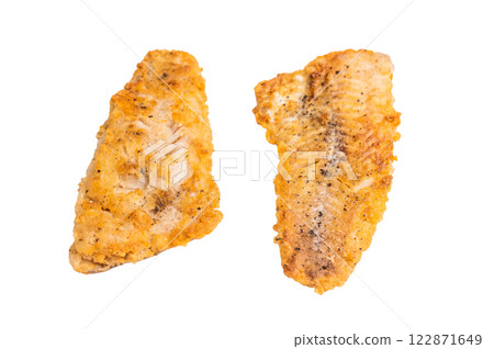 Fried Haddock white fish fillet isolated on white background. top view 122871649