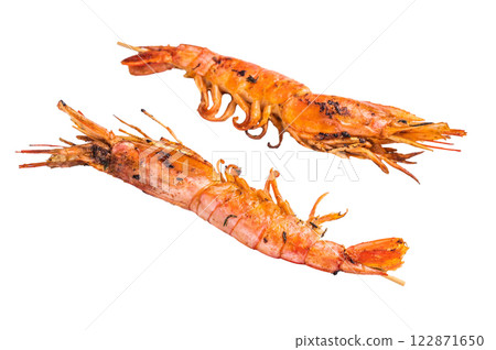 Skewers with Grilled red Argentine shrimps, Prawns Langostino Austral isolated on white background. top view 122871650