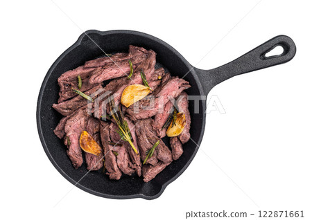 Grilled Beef top sirloin Steak in a pan isolated on white background. top view Grilled Beef top sirloin Steak in a pan isolated on white background. top view 122871661