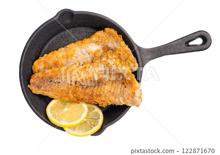 Pan Fried Hake white fish fillet isolated on white background. top view 122871670