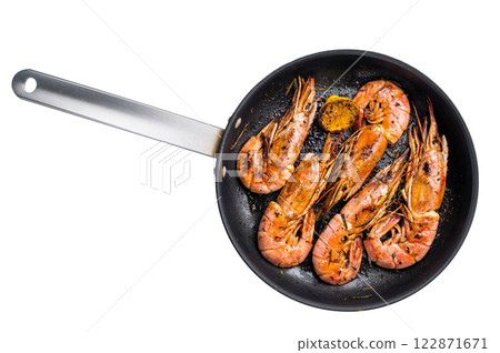 Pan fried red Argentine shrimps, Prawns Langostino Austral isolated on white background. top view 122871671