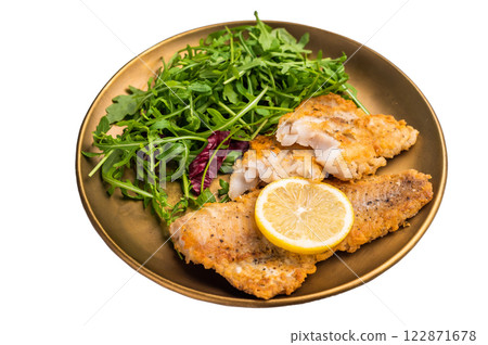 Roasted Pollock fish fillet on a plate with salad isolated on white background. top view Roasted Pollock fish fillet on a plate with salad isolated on white background. top view 122871678