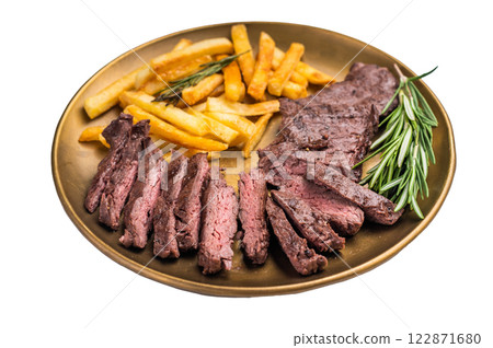 BBQ Grilled Beef Skirt Machete Steak on a plate with french fries isolated on white background. top view 122871680