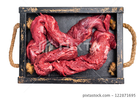 Beef cut Machete Skirt Steak, raw marble meat in wooden tray isolated on white background 122871695
