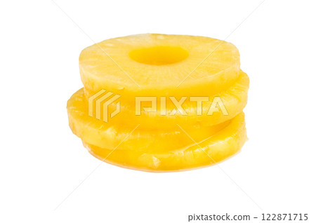 Canned Pineapple ring slices isolated on white background. top view 122871715