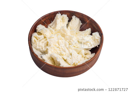 Torn Buffalo white mozzarella cheese isolated on white background. top view 122871727