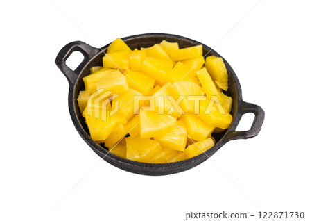 Canned Pineapple chunks slices in a bowl isolated on white background. top view 122871730