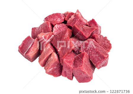 Diced Raw Boar meat, uncooked Game Meat Isolated on white background. top view 122871736