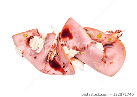 Sandwich with mortadella pistachios, mozzarella cheese in Baguette bread isolated on white background 122871740