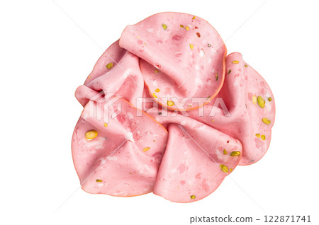 Mortadella Bolognese sausage slices with pistachios isolated on white background. top view Mortadella Bolognese sausage slices with pistachios isolated on white background. top view 122871741