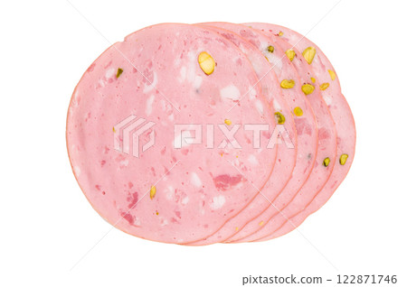 Slices Of Traditional Italian antipasti mortadella Bolognese isolated on white background. top view Slices Of Traditional Italian antipasti mortadella Bolognese isolated on white background. top view 122871746