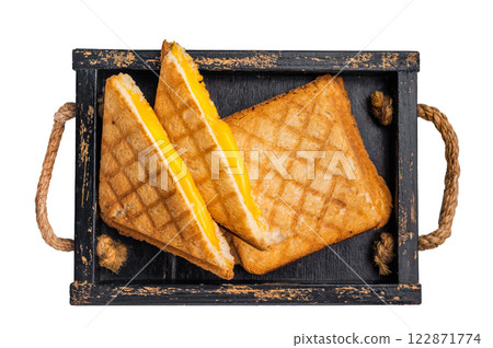 American hot Grilled cheese sandwich in wooden tray isolated on white background. top view American hot Grilled cheese sandwich in wooden tray isolated on white background. top view 122871774