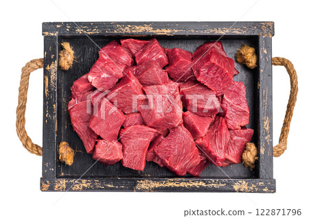 Diced Roe Deer meat, raw Venison Wild Game Meat Isolated on white background. top view Diced Roe Deer meat, raw Venison Wild Game Meat Isolated on white background. top view 122871796
