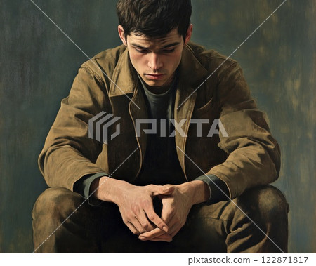 A guilty young man in a khaki military uniform sits with his head down 122871817