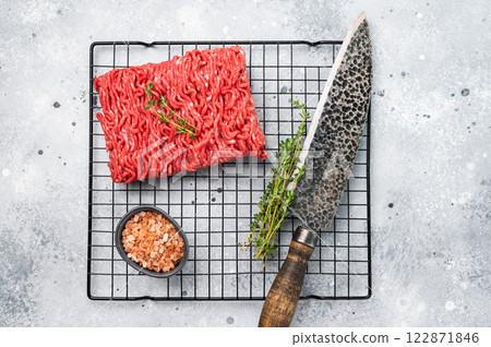 Raw lamb and beef mince meat, mincemeat, ready for cooking. Raw lamb and beef mince meat, mincemeat, ready for cooking. 122871846