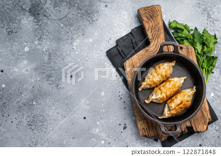 Fried Korean Dumplings with meat and vegetables in skillet. grey background. top view 122871848