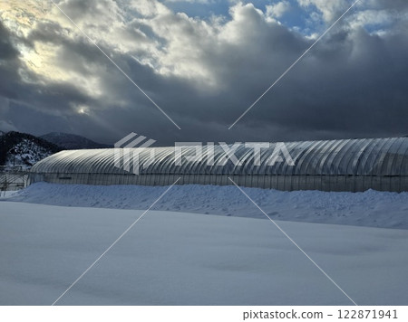 Snow-covered fields and houses Snow-covered fields and houses 122871941