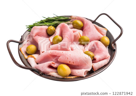 Meat appetizer with Sliced Prosciutto Cotto ham and green olives isolated on white background. top view Meat appetizer with Sliced Prosciutto Cotto ham and green olives isolated on white background. top view 122871942